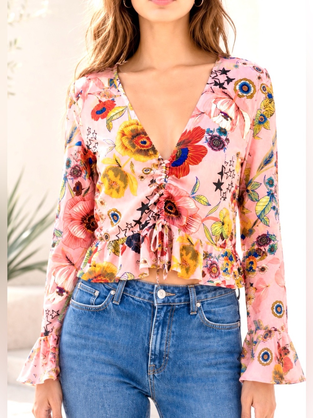 TOPSHOP Star & Flo­ral Print Ruched Top